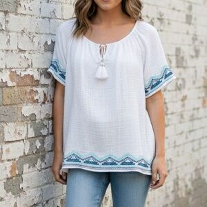J. Jill Tunic Gauze Embroidered Bohemian White Cotton Tunic Top S